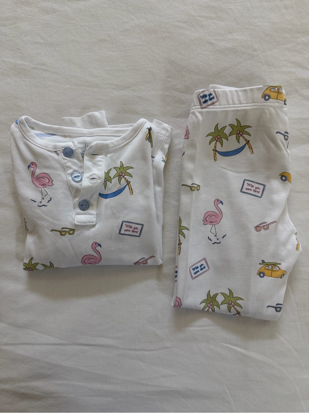 Little English White Flamingo & Palm Pajama Set with Pink and Green Prints